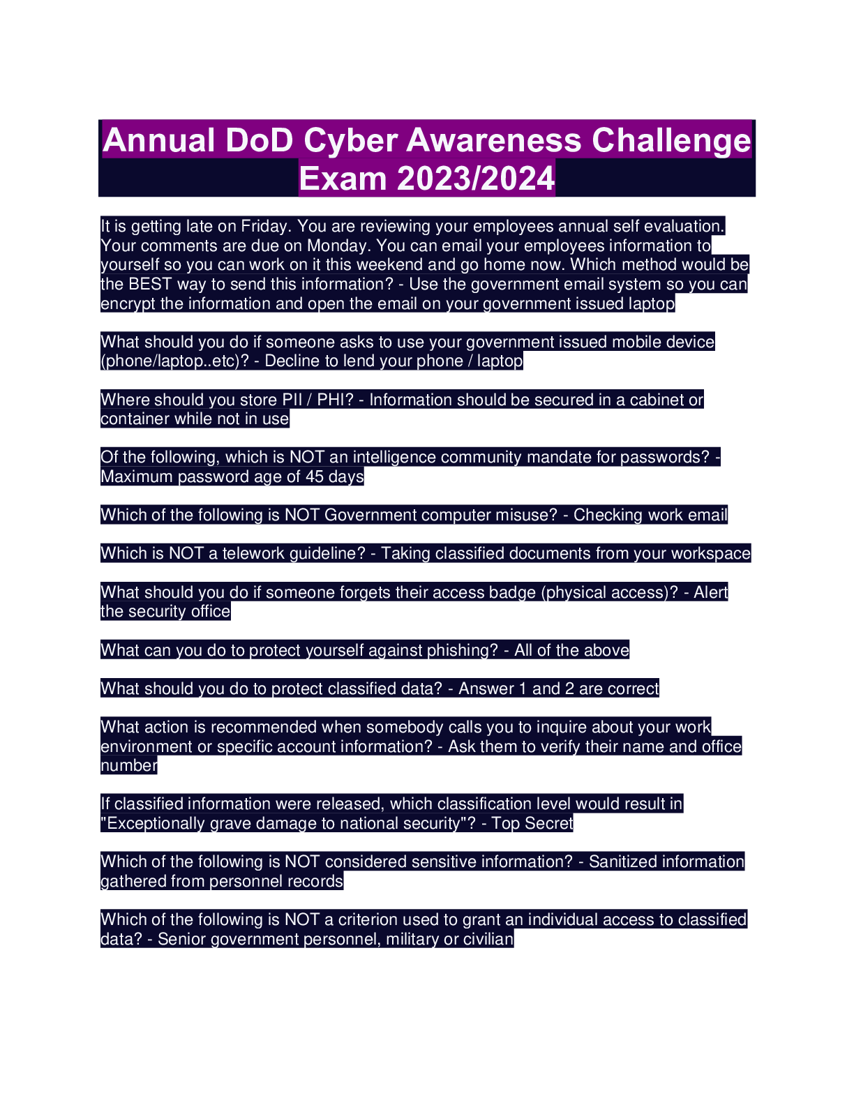Annual DoD Cyber Awareness Challenge Exam 2023/2024 Browsegrades